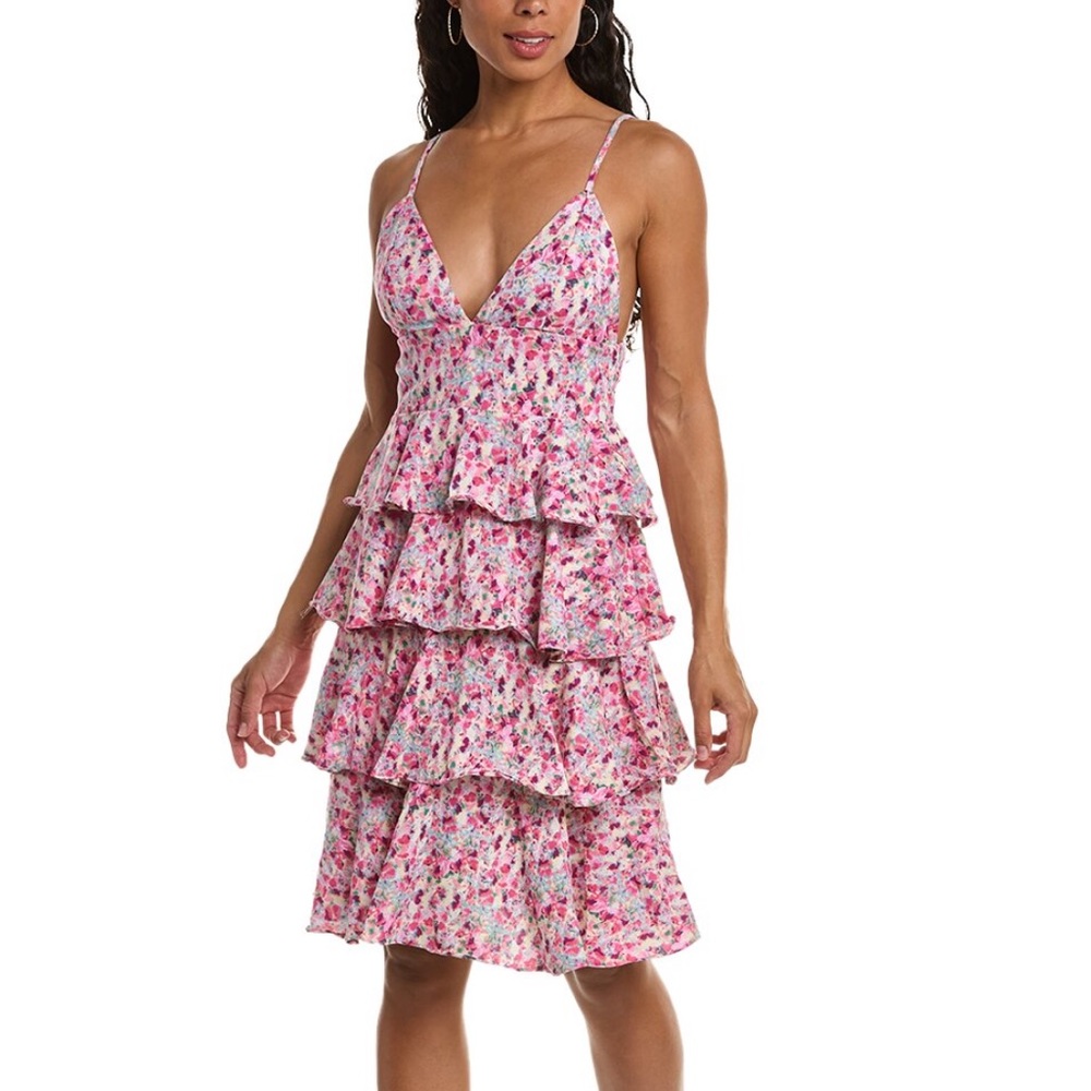 Maison Maar Tiered Midi Dress in Pink Multicolor, Size Small, NWOT
